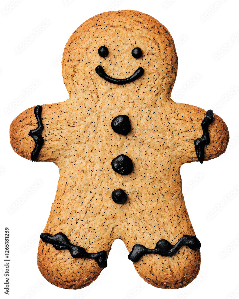 Poster gingerbread man cookie with black icing buttons and smile isolated on transparent background