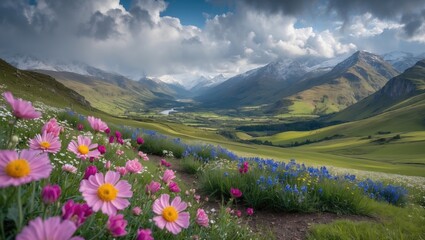 Vibrant wildflowers in foreground with rolling green hills and majestic mountain landscape under a cloudy sky, nature scenery with Copy Space
