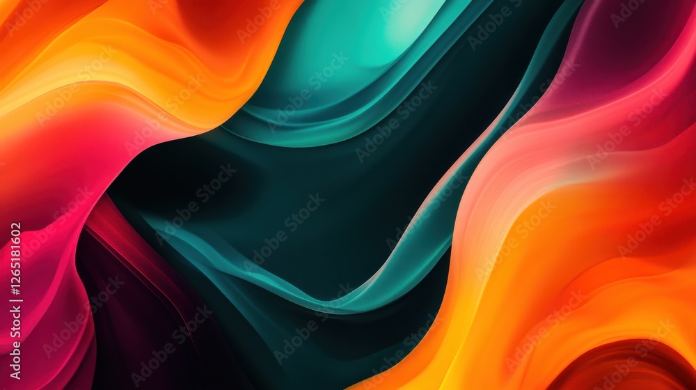 Poster abstract colorful waves of light against a dark background, featuring flowing lines in vibrant orang