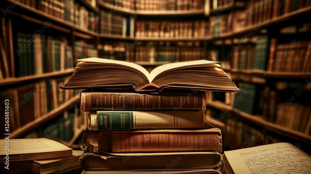 Poster a stack of books with an open book on top, with a background of shelves in a library or school libra