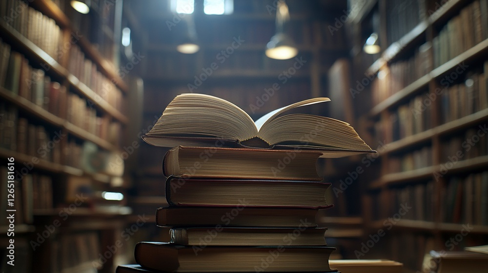 Poster a stack of books with an open book on top, with a blurred background of shelves in a library or scho