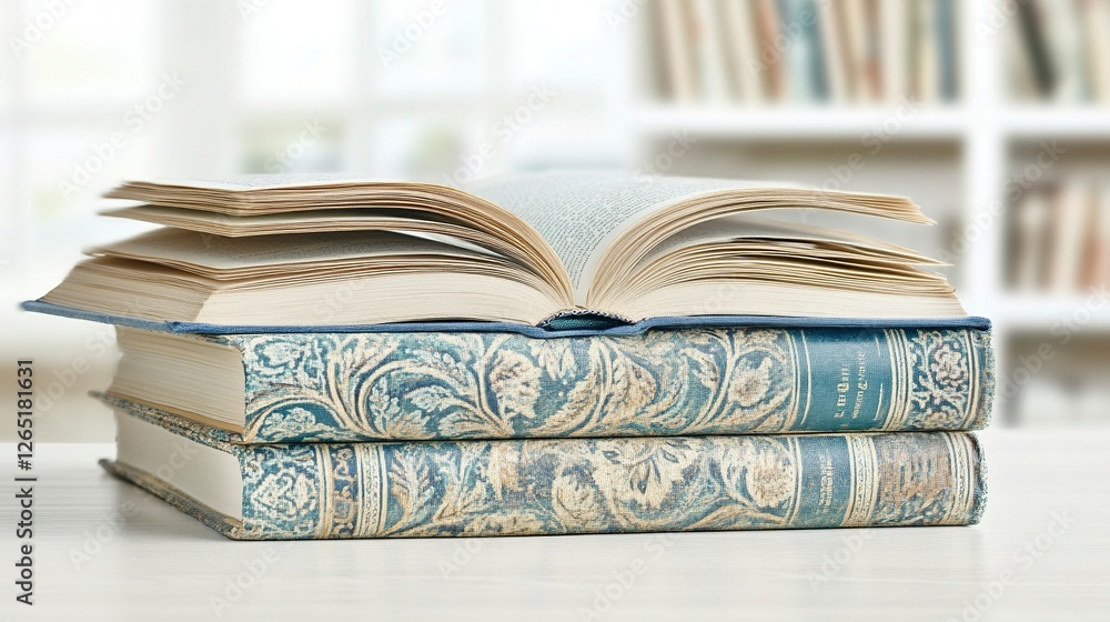Poster a stack of books with an open book on top, with a blurred background of shelves in a library or scho
