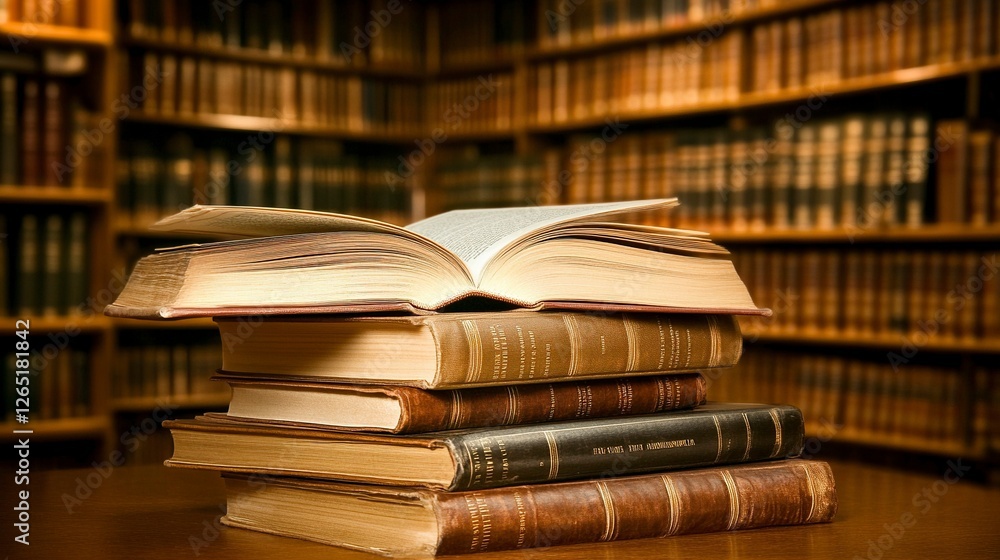 Poster a stack of books with an open book on top, with a blurred background of shelves in a library or scho