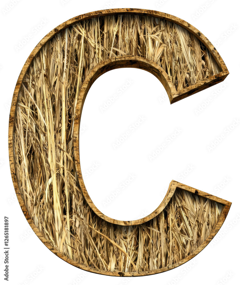 Poster golden letter c with straw texture isolated on transparent background in 3d rendering