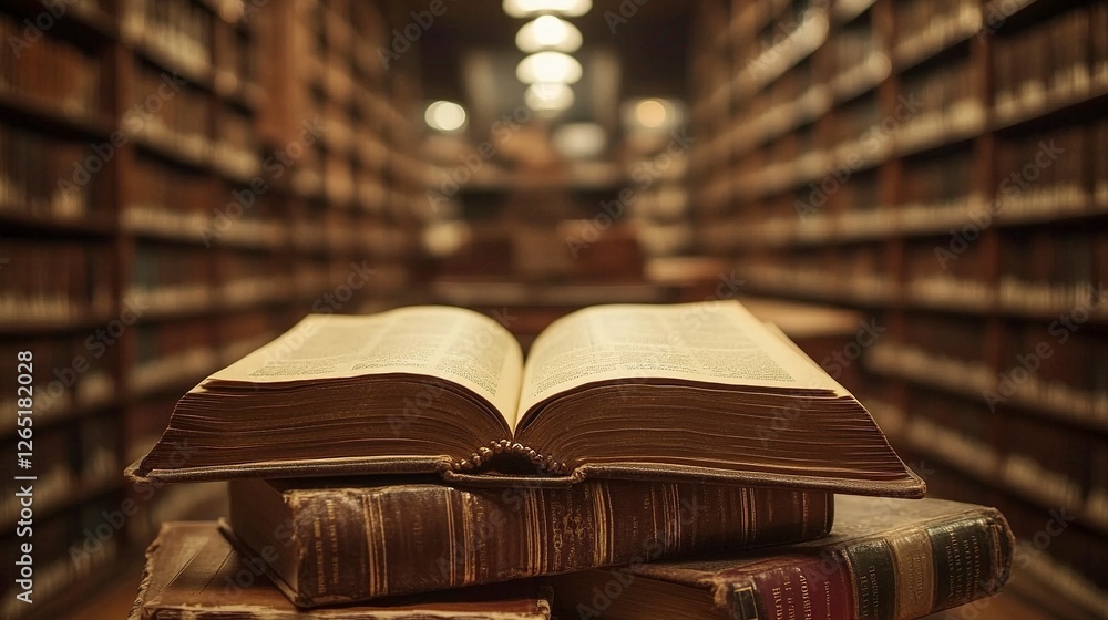 Poster a stack of books with an open book on top, with a blurred background of shelves in a library or scho