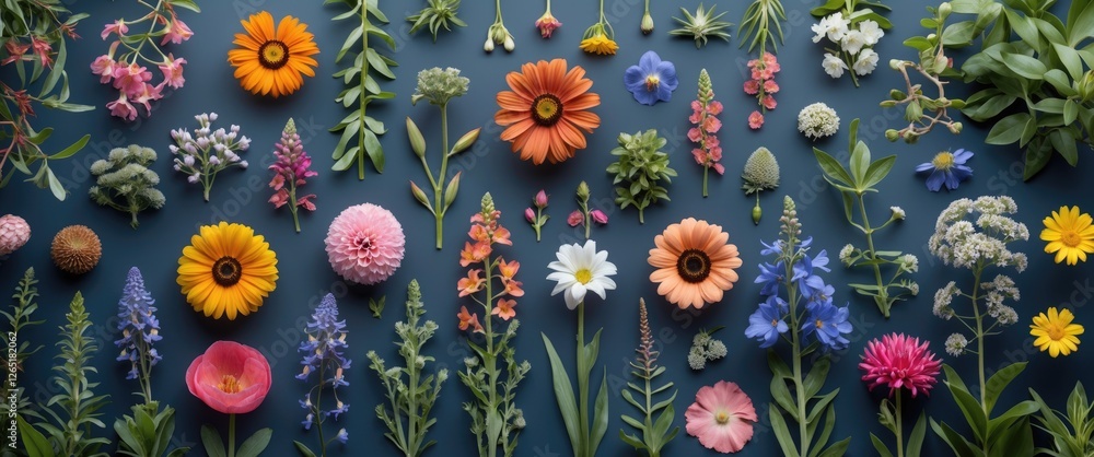 Poster colorful array of assorted flowers and foliage arranged flat on a blue background with ample copy sp