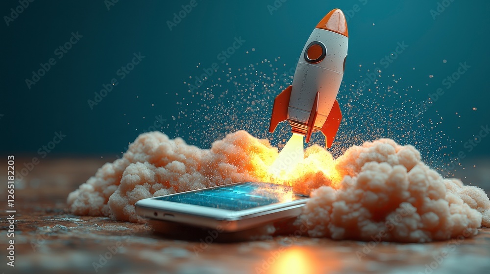 Aufkleber a surreal scene of a rocket launching from a smartphone, surrounded by dynamic clouds and fire, symb