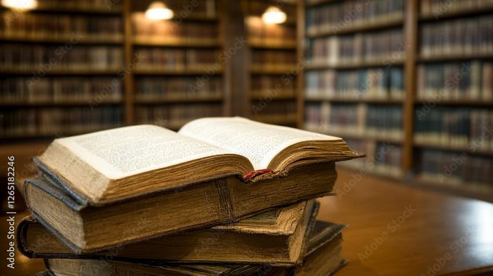 Poster a stack of books with an open book on top, with a blurred background of shelves in a library or scho