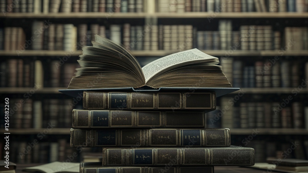 Poster a stack of books with an open book on top, with a blurred background of shelves in a library or scho