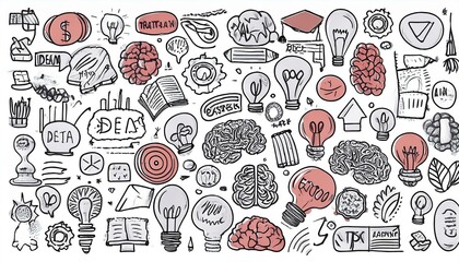 Hand drawn set of brainstorm, idea, brain elements. Doodle sketch style. Isolated perfect any project for a innovation, brainstorm, start up concept.