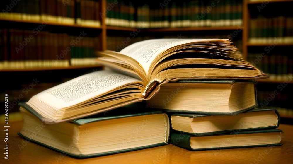Poster a stack of books with an open book on top, with a blurred background of shelves in a library or scho