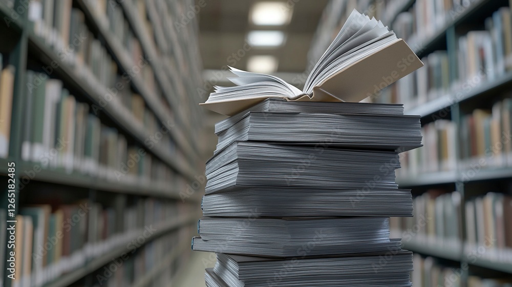 Poster a stack of books with an open book on top, with a blurred background of shelves in a library or scho