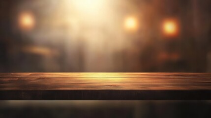 Abstract blurry restaurant interior background with empty wooden table. Mock up