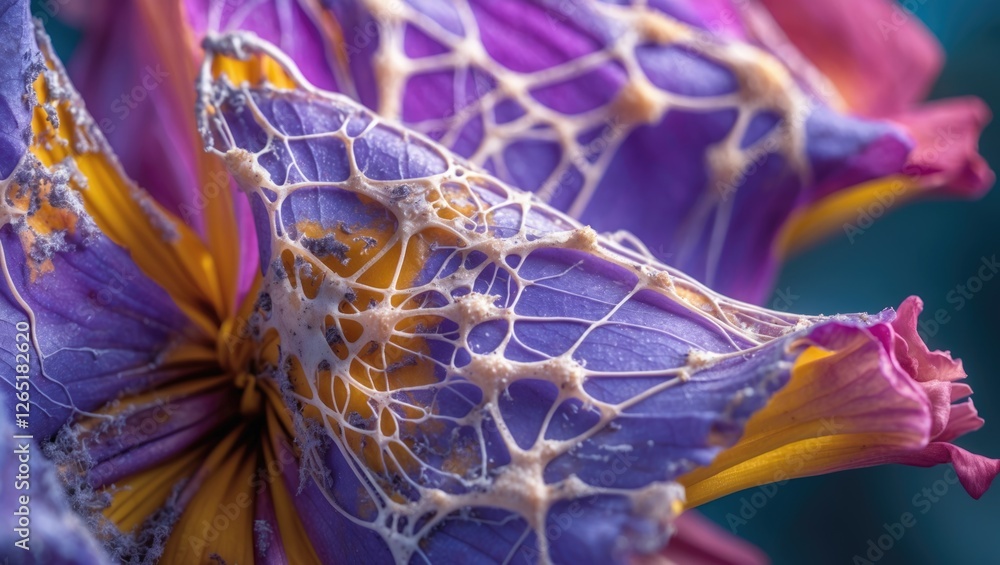 Poster close-up of a vibrant flower petal with intricate web-like patterns and textures showcasing various 