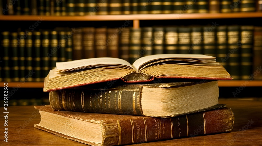 Poster a stack of books with an open book on top, with a blurred background of shelves in a library or scho