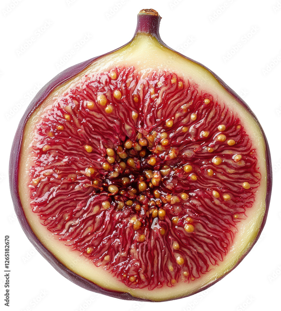 Poster halved fig with red pulp and seeds detailed cross section on transparent background