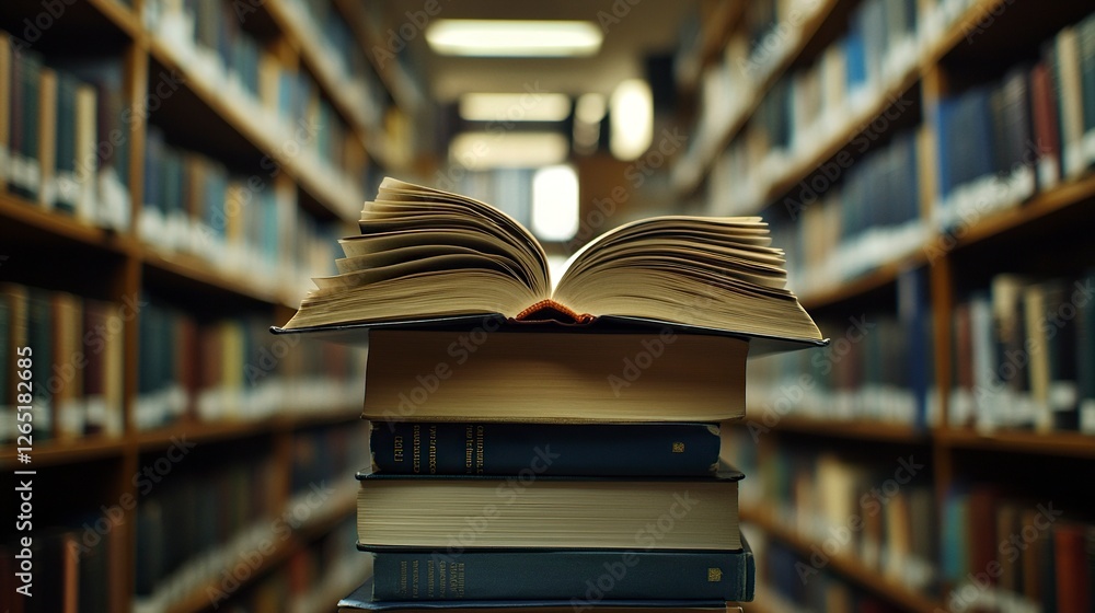 Poster a stack of books with an open book on top, with a blurred background of shelves in a library or scho