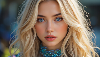 Naklejka premium Stunning Close-up Portrait of a Young Woman with Long Blonde Hair and Captivating Blue Eyes