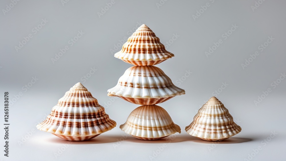 Poster stacked sea shells with striped patterns arranged in a pyramid formation on a light background. copy