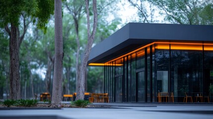 Fototapeta premium Modern Architectural Structure Surrounded by Lush Green Trees in Tranquil Outdoor Setting with Warm Lighting