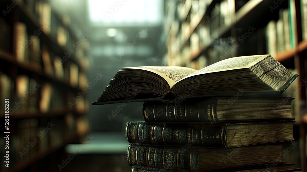 Poster a stack of books with an open book on top, with a blurred background of shelves in a library or scho
