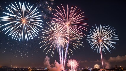 Colorful fireworks display against a night sky with vibrant bursts and copy space for text.