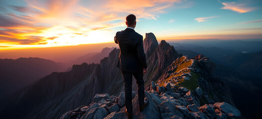 Obraz premium illustration Bussines man in black tuxedo success or woman successfull to the top of mountain celebrate bussines win and happy to help friends too