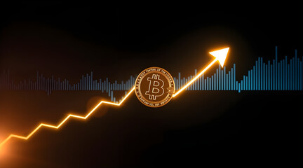 Bitcoin or cryptocurrency prices rise up positive, golden coin with up arrow chart on background
