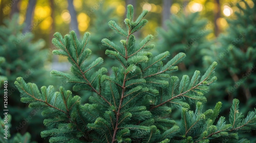 Poster close-up of evergreen tree branches with lush green needles and soft focus background of more trees 