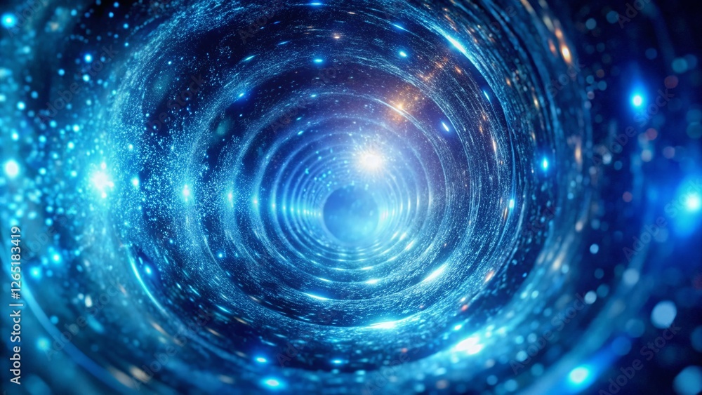 Poster surreal blue glowing particle tunnel animation stock photo - abstract energy flow background