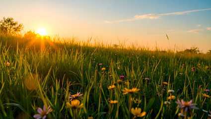 Golden Hour Meadow: Vibrant wildflowers paint a picturesque meadow as the sun sets, casting a warm, golden glow across the landscape.
