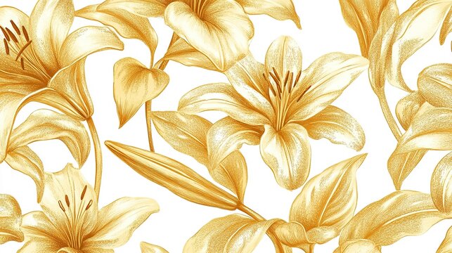 Vintage gold lily floral print banner with a luxury seamless repeat on white background