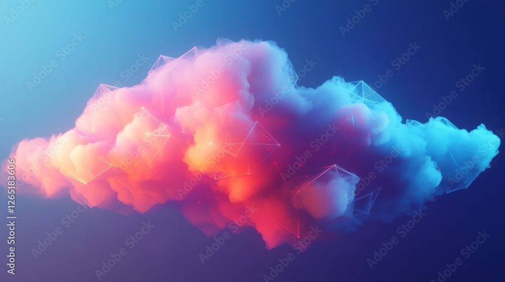 Poster creative glowing polygonal cloud on blue background. cloud computing and data concept. 3d rendering.