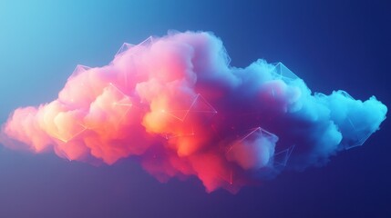 Creative glowing polygonal cloud on blue background. Cloud computing and data concept. 3D Rendering.