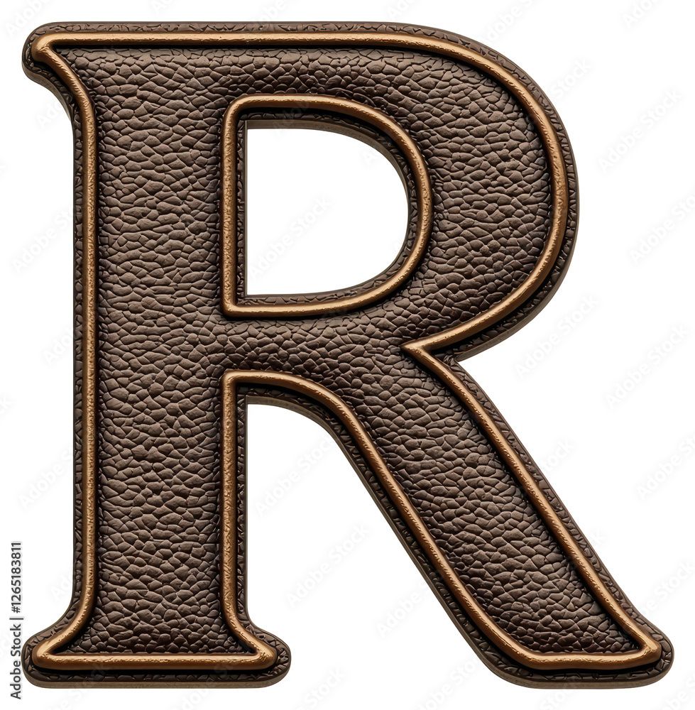 Poster isolated 3d rendering of an embossed brown metallic uppercase letter r on transparent background