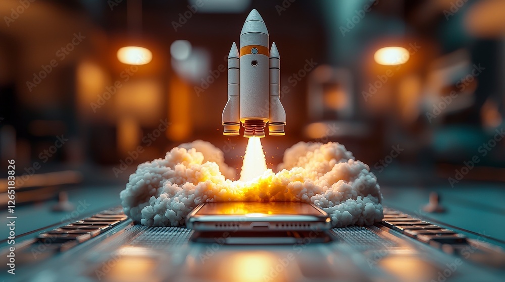 Poster a futuristic rocket launches from a mobile device’s screen, enveloped in colorful clouds, symbolizin