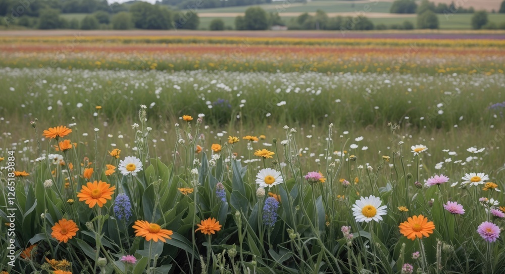 Poster meadow with colorful wildflowers in bloom showcasing various species and lush greenery with blurred 
