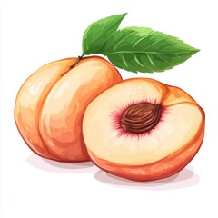 Peach, cartoon style, vector illustration with a white background. A whole peach and half of the peach are cut in two parts. There is no shadow on the fruit. The leaves behind have a dark green color.