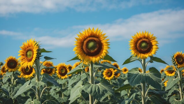 Sunflower field under blue sky with fluffy clouds showcasing vibrant yellow flowers with green leaves and sunny atmosphere Copy Space - Powered by Adobe