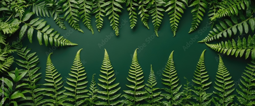 Poster green fern leaves frame on dark background with copy space for text