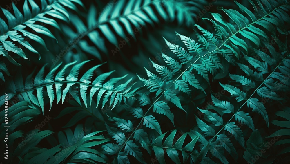 Poster lush green ferns with varying leaf shapes and textures on a dark background creating a natural patte