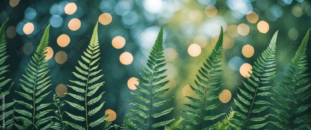 Poster lush green ferns with a soft blurred bokeh background and ambient light creating a natural and seren