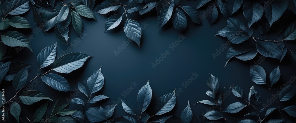 Aufkleber dark green leaves on a blue background with ample copy space for text or design elements