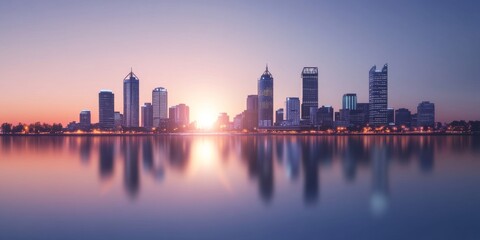 Obraz premium Perth skyline reflecting in the swan river at sunrise, western australia