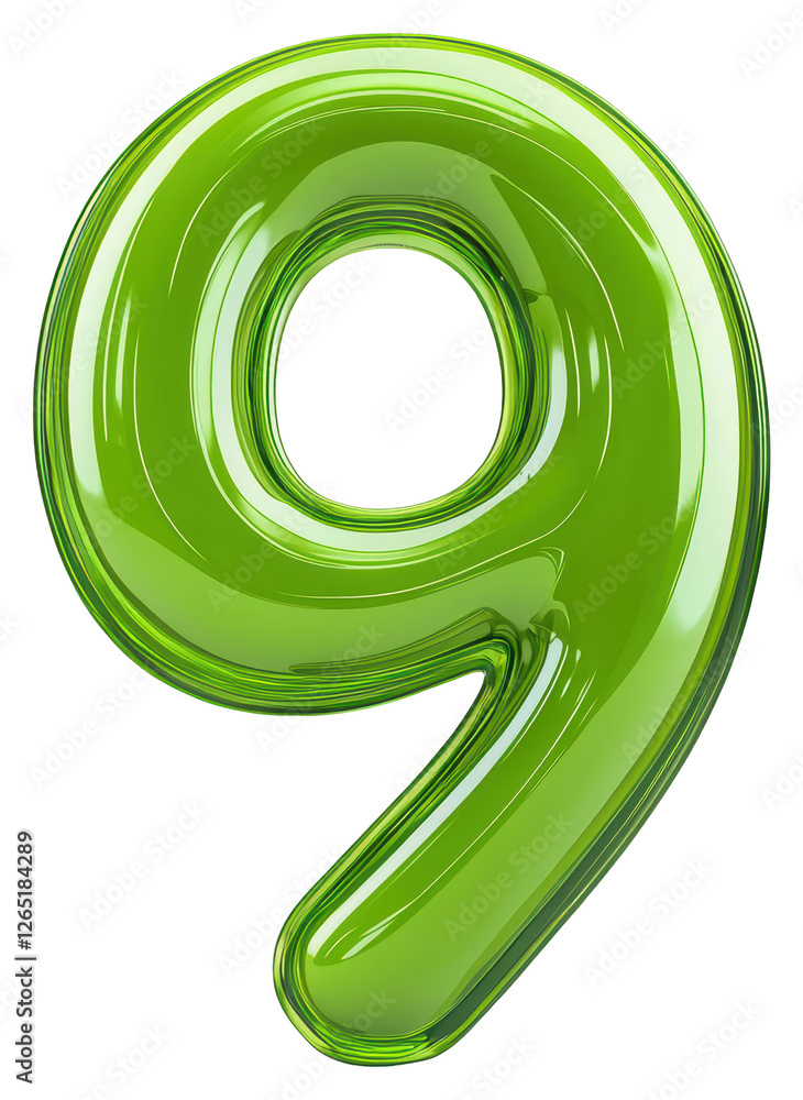 Aufkleber isolated glossy green number nine rendered in 3d on transparent background for design