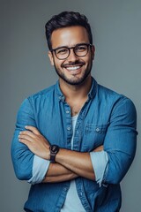 Fototapeta premium A photograph of a joyful and stylish man wearing jeans and glasses who is crossing his hands and smiling