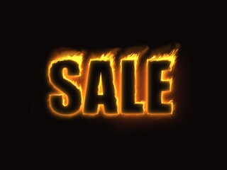 open neon sign on the wall. Flame letter illustration English “SALE” Black letters with yellow flames Yellow-orange-orange-orange-red and black background Neon sign
