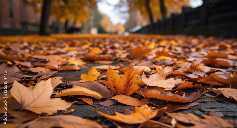 Poster autumn scene with fallen orange and yellow leaves on a paved walkway in a park with blurred trees in