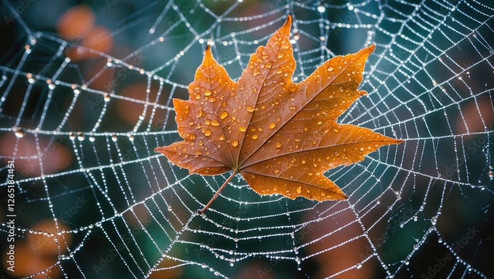 Poster autumn leaf with water droplets caught in a spider web with blurred background and soft focus nature