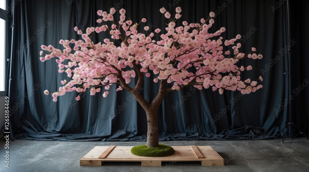 Poster artificial cherry blossom tree on wooden platform with moss in studio setting against black backdrop